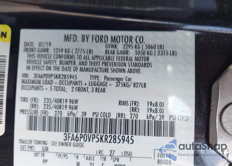 2019 Ford Fusion Sport from USA, damaged, VIN 3FA6P0VP5KR285945